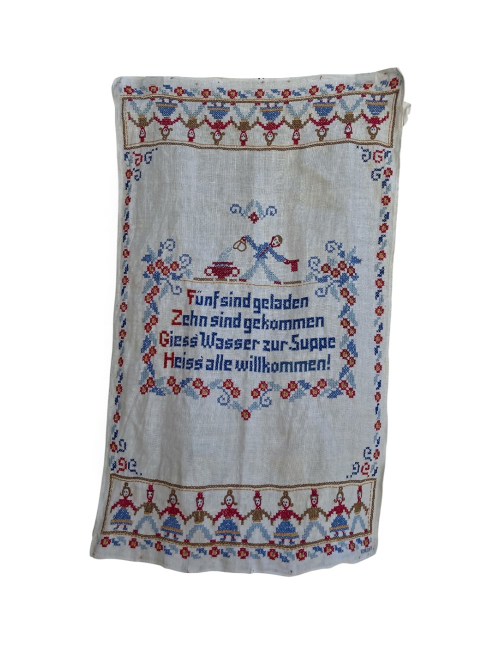 Vintage German Cross Stitch Linen Wall Towel Wandschoner Folk Art Proverb